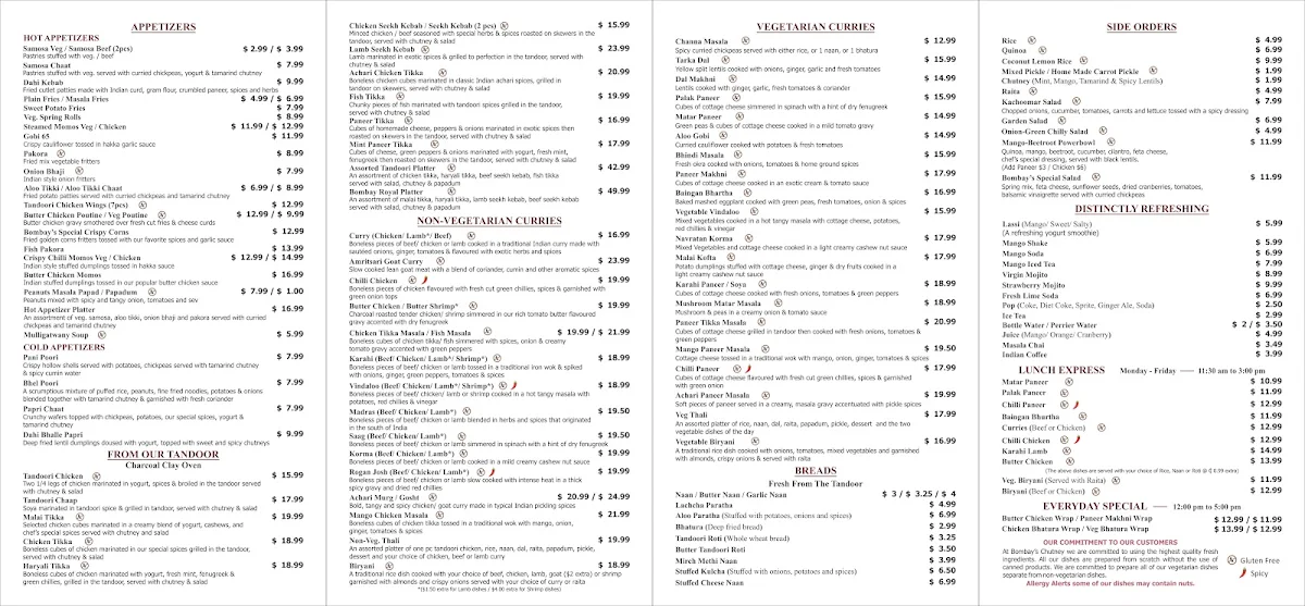 Menu, Bombay's Chutney