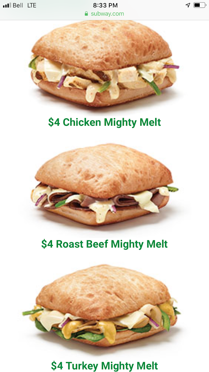 Menu, Subway