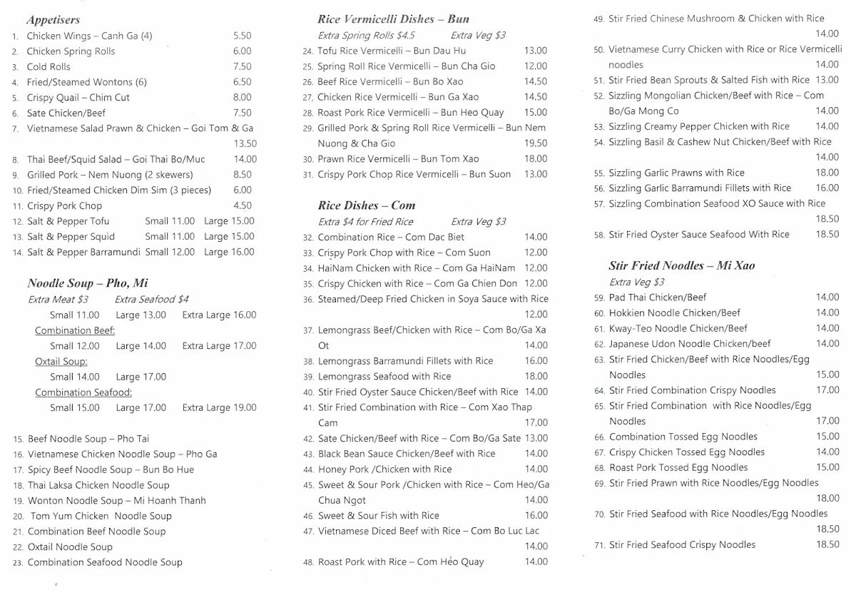 Menu, Saigon Gate Cuisine