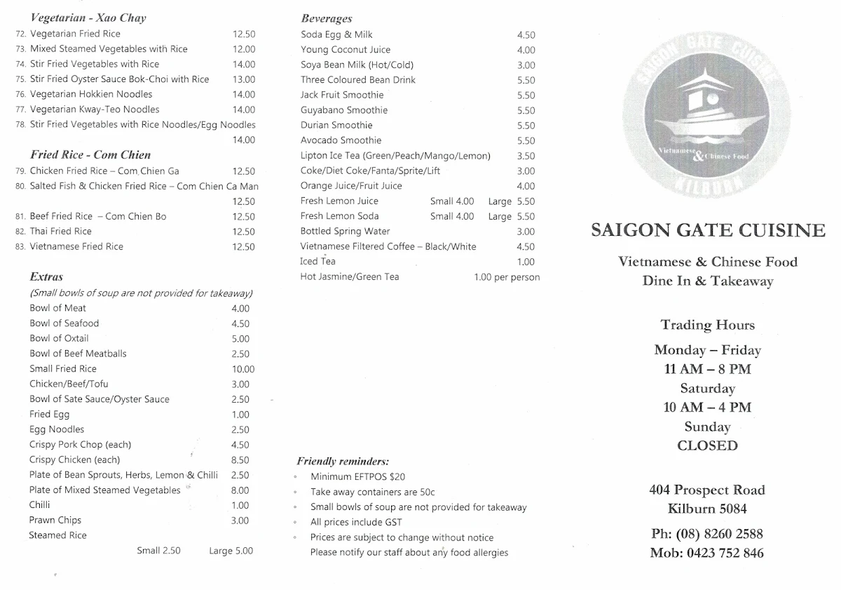Menu, Saigon Gate Cuisine