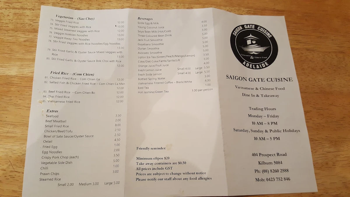 Menu, Saigon Gate Cuisine