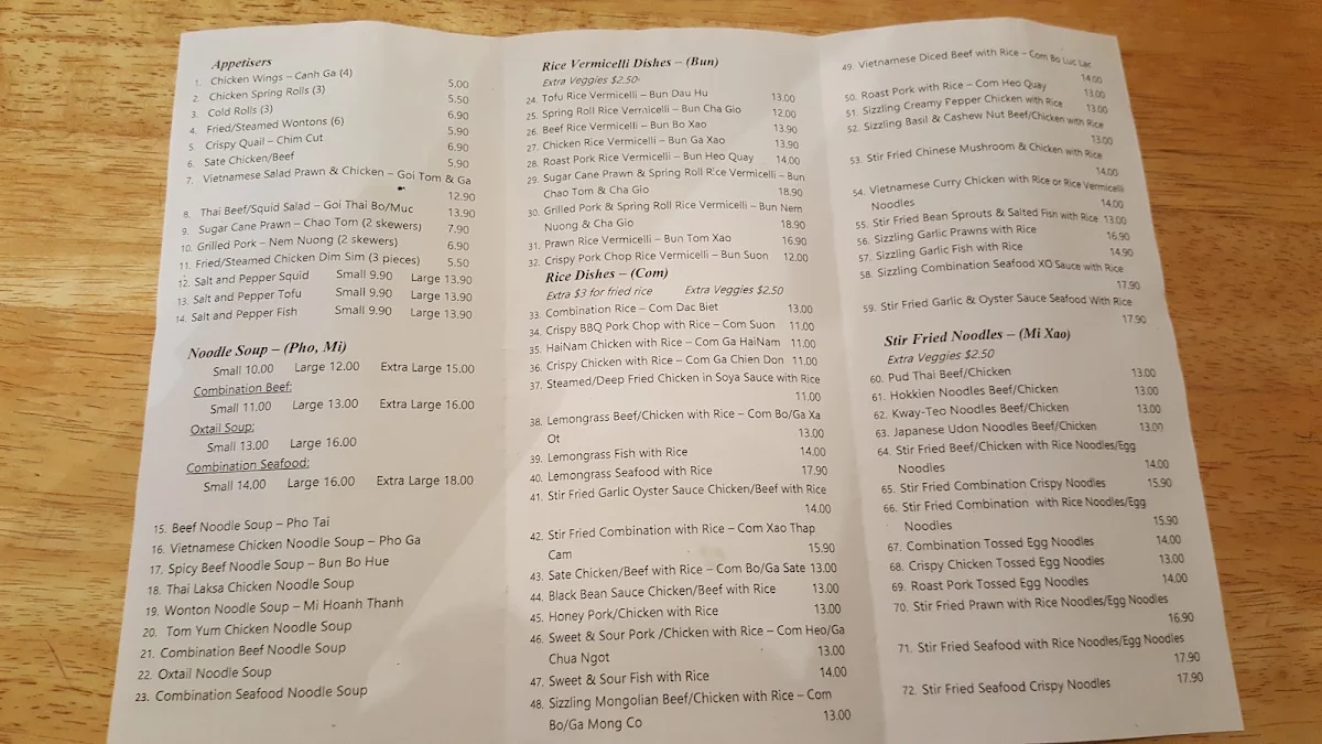 Menu, Saigon Gate Cuisine