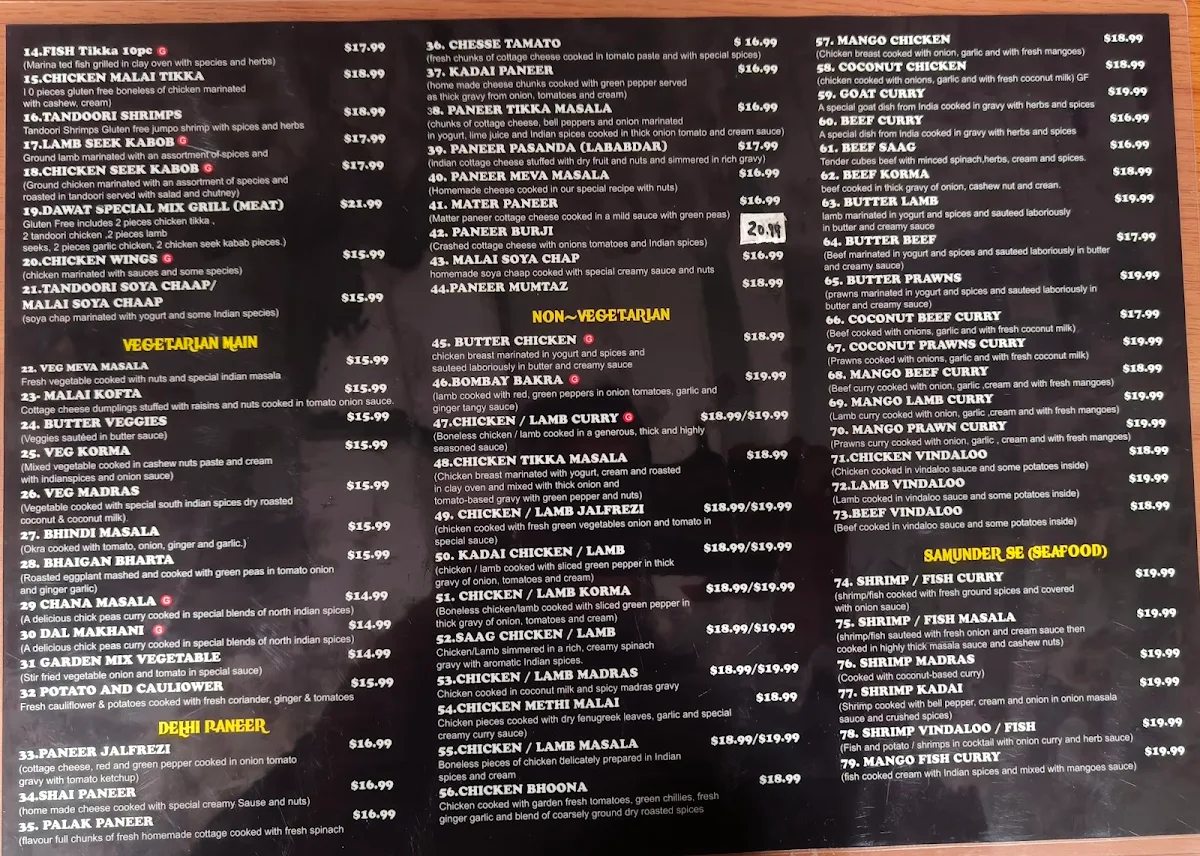 Menu, Dawat India