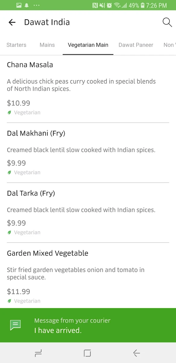 Menu, Dawat India
