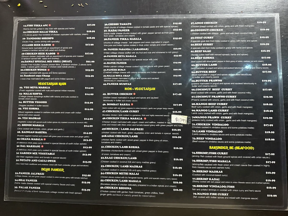 Menu, Dawat India