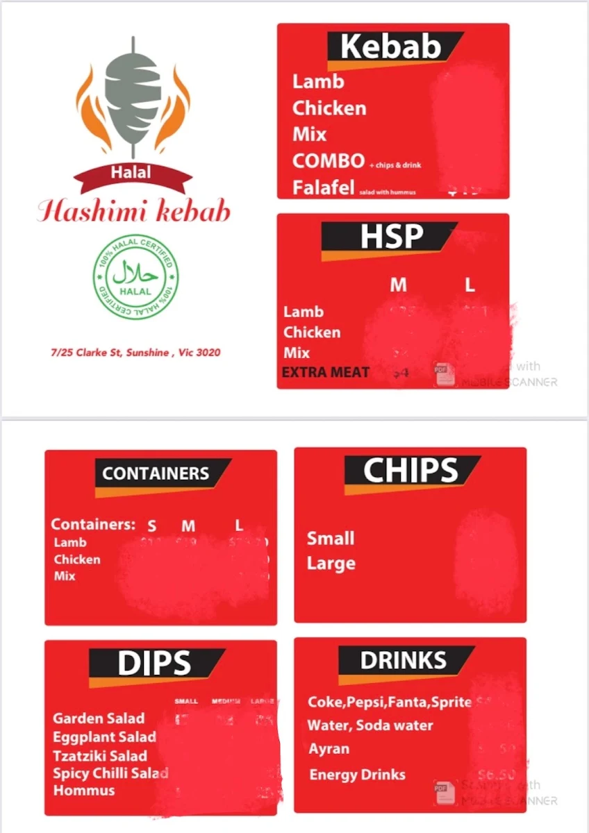 Menu, Hashimi Kebab Takeaway