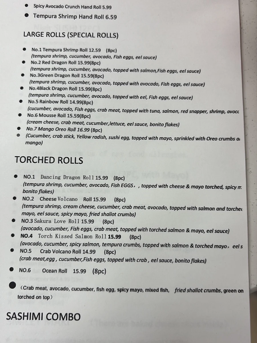 Menu, LR sushi