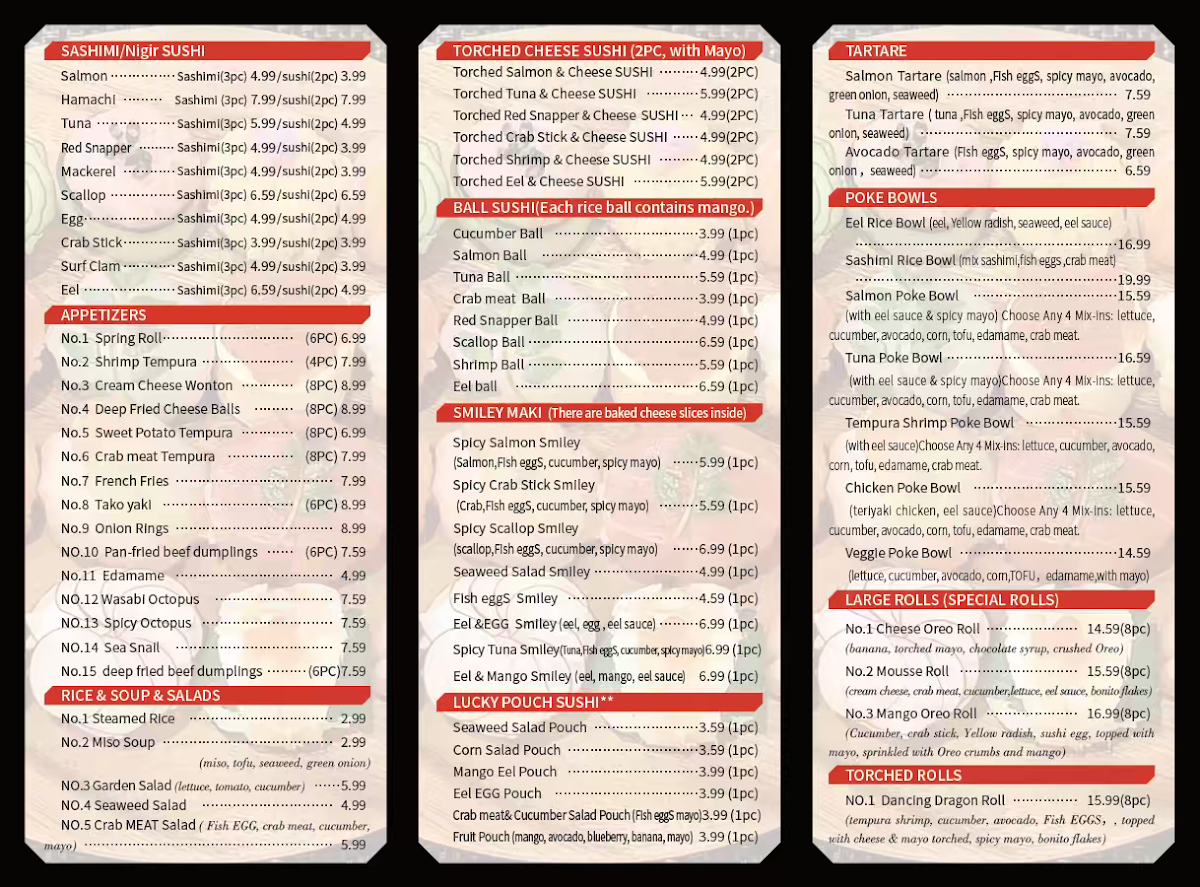 Menu, LR sushi