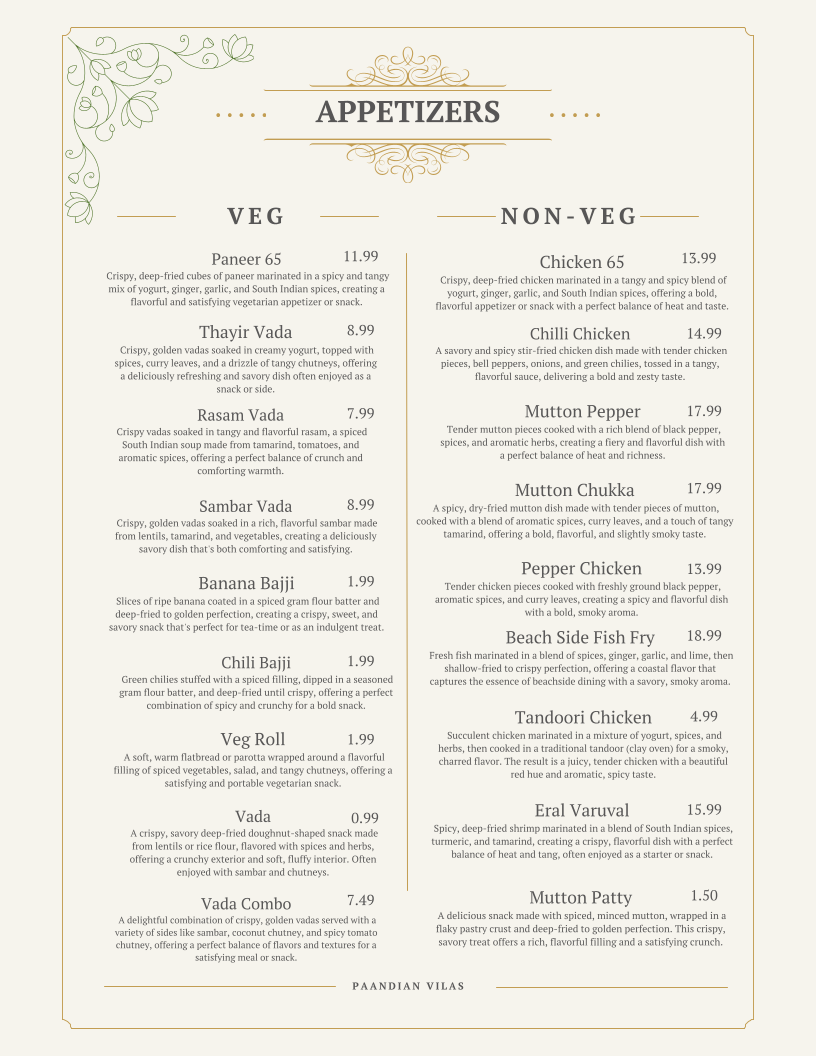 Menu, Paandian Vilas