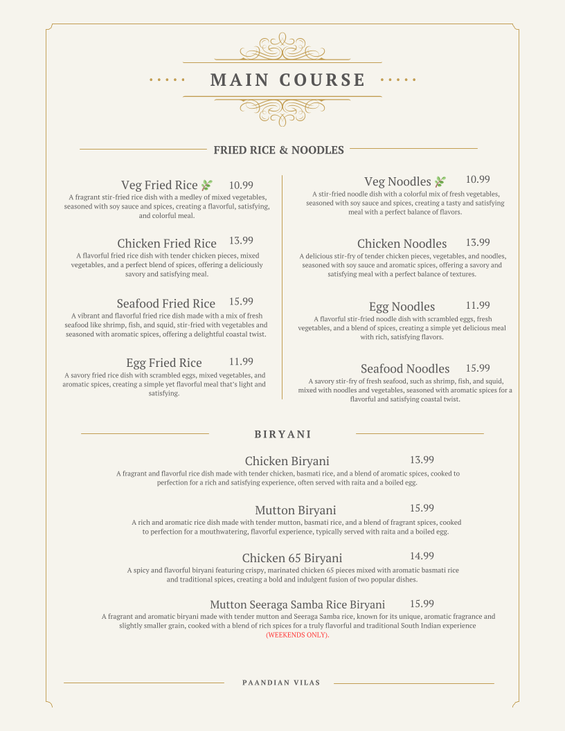 Menu, Paandian Vilas