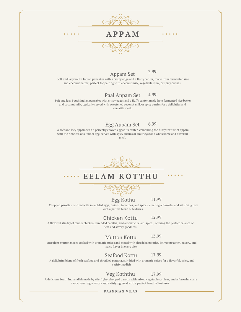 Menu, Paandian Vilas