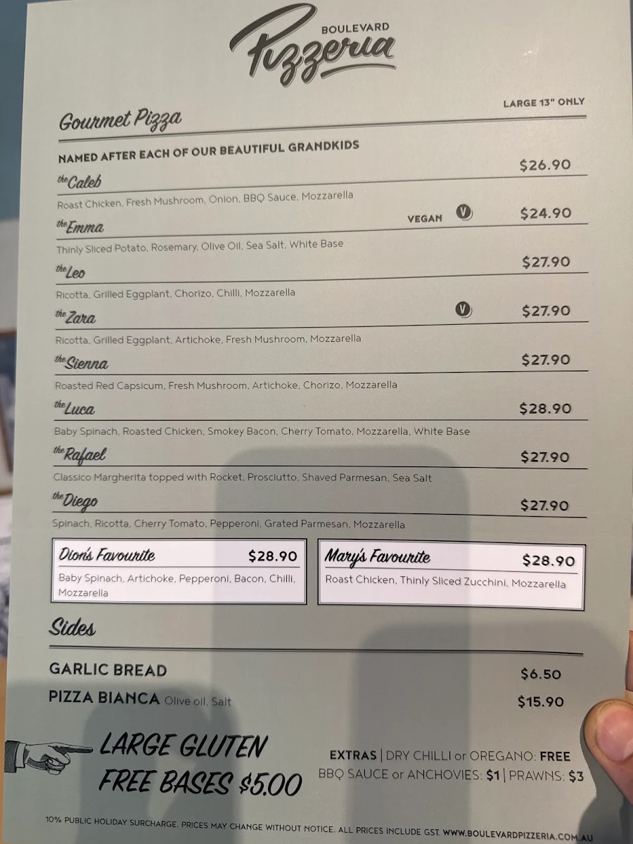 Menu, Boulevard Pizzeria