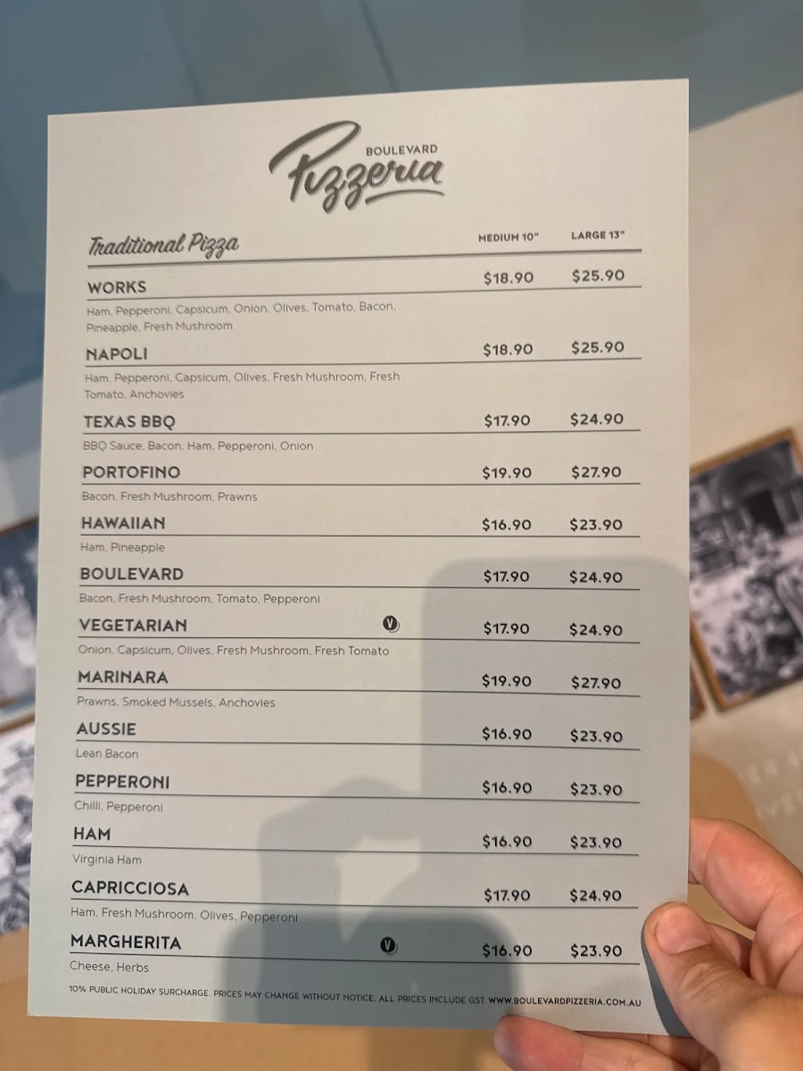 Menu, Boulevard Pizzeria