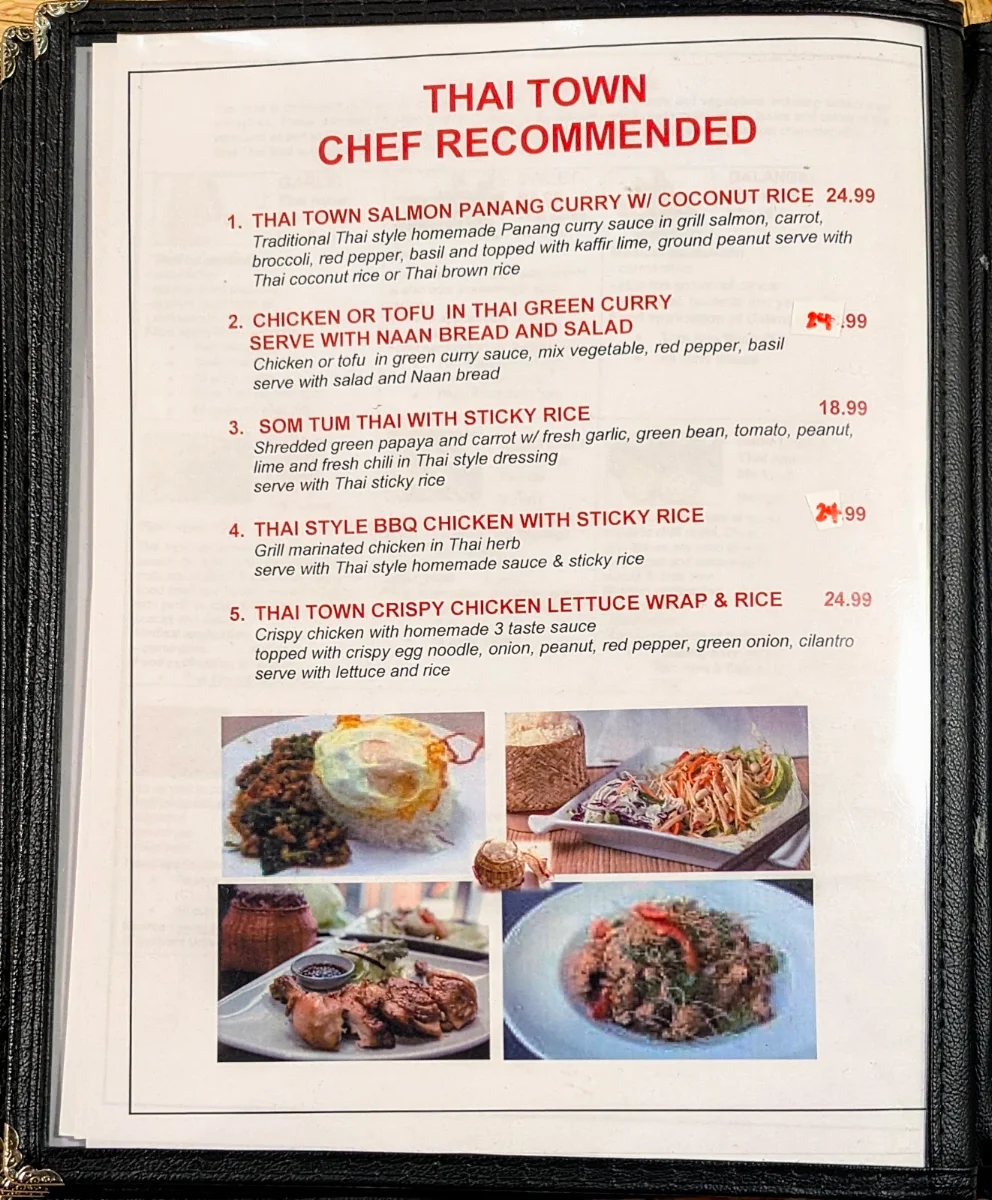 Menu, Thai Town Restaurant
