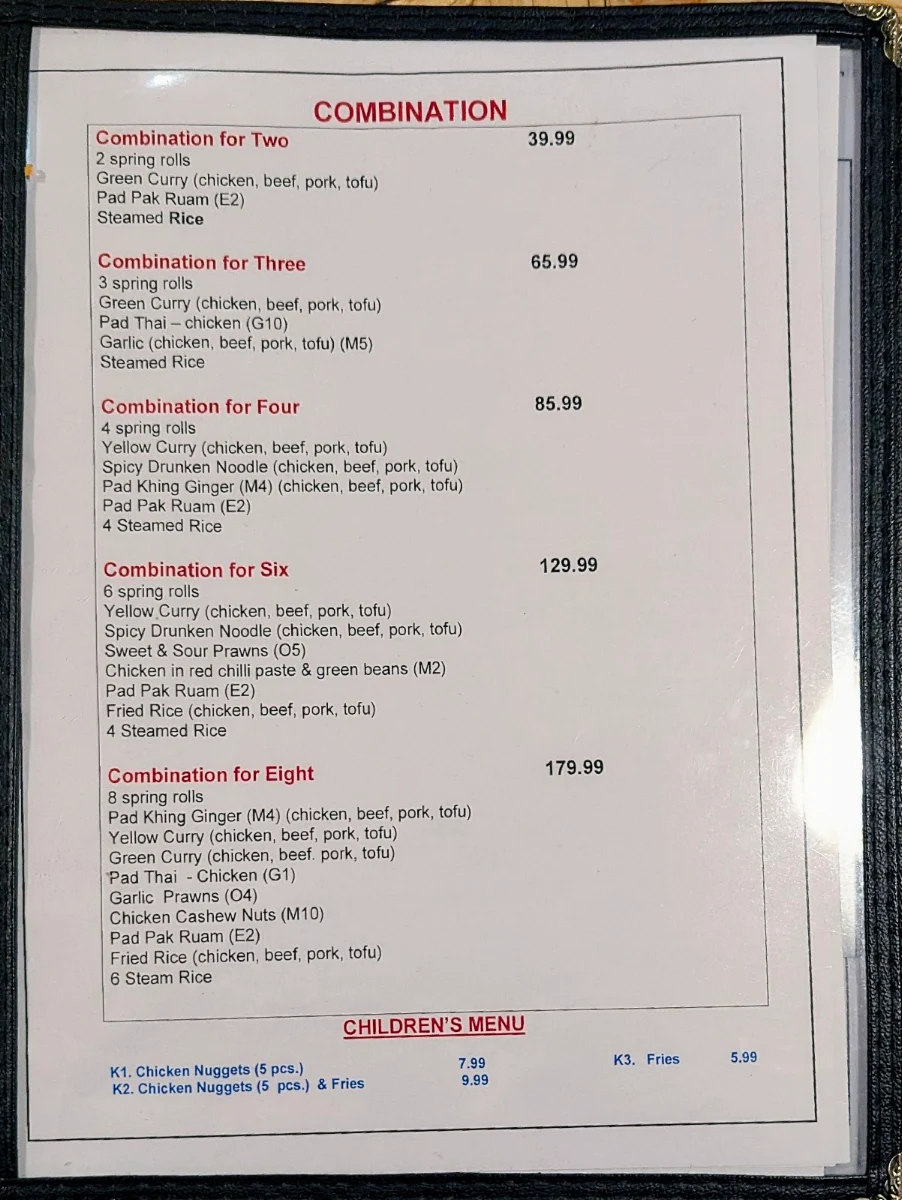Menu, Thai Town Restaurant