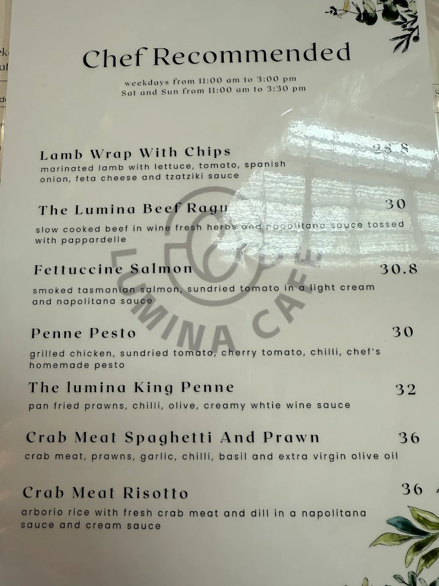 Menu, Lumina Cafe