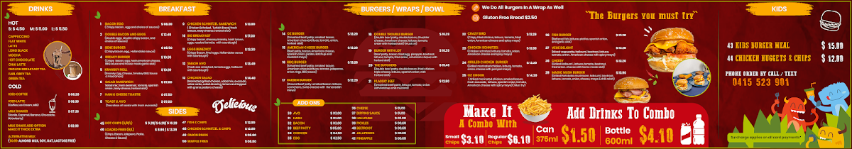 Menu, OZ Burgers and Take Away