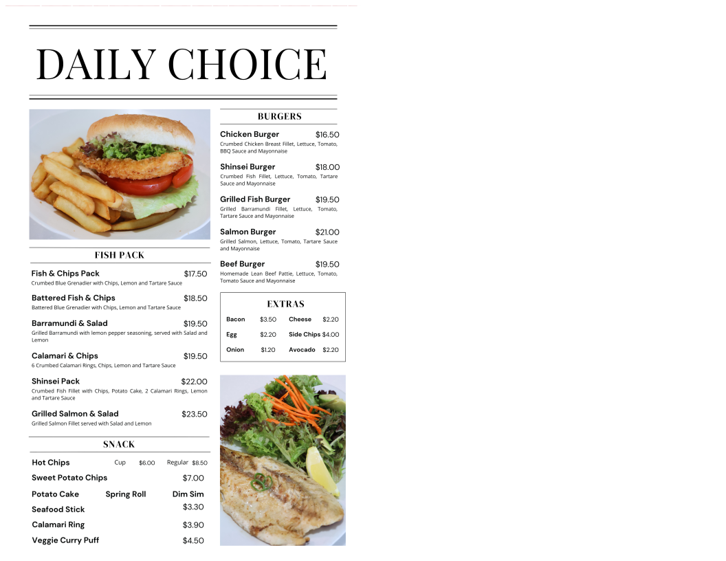 Menu, Shinsei Fish + Sushi