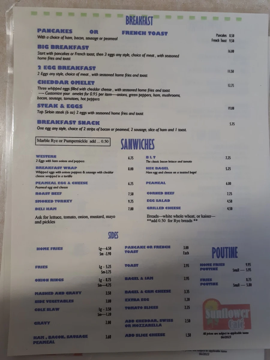 Menu, Sunflower Cafe