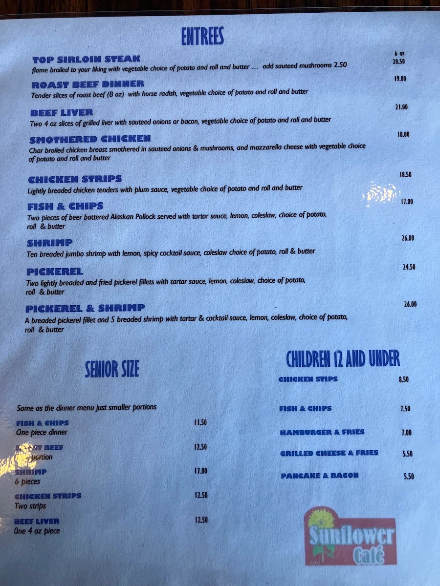 Menu, Sunflower Cafe