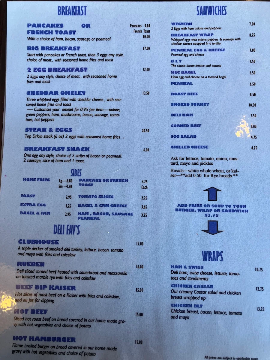 Menu, Sunflower Cafe