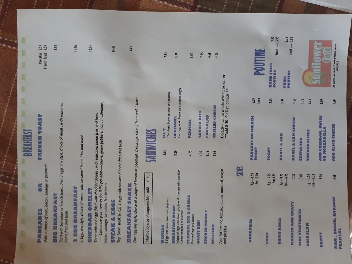Menu, Sunflower Cafe
