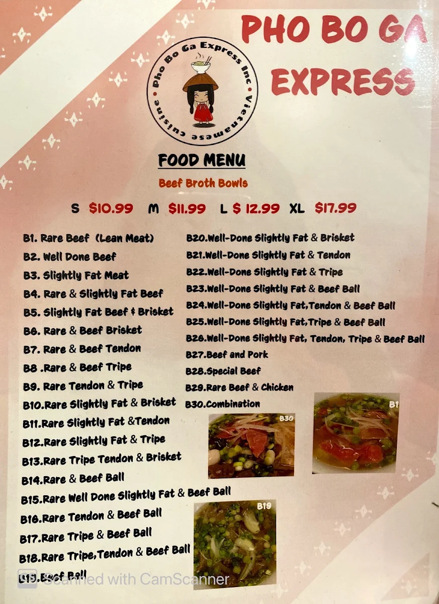Menu, Pho bo ga express 佛波嘎越南粉
