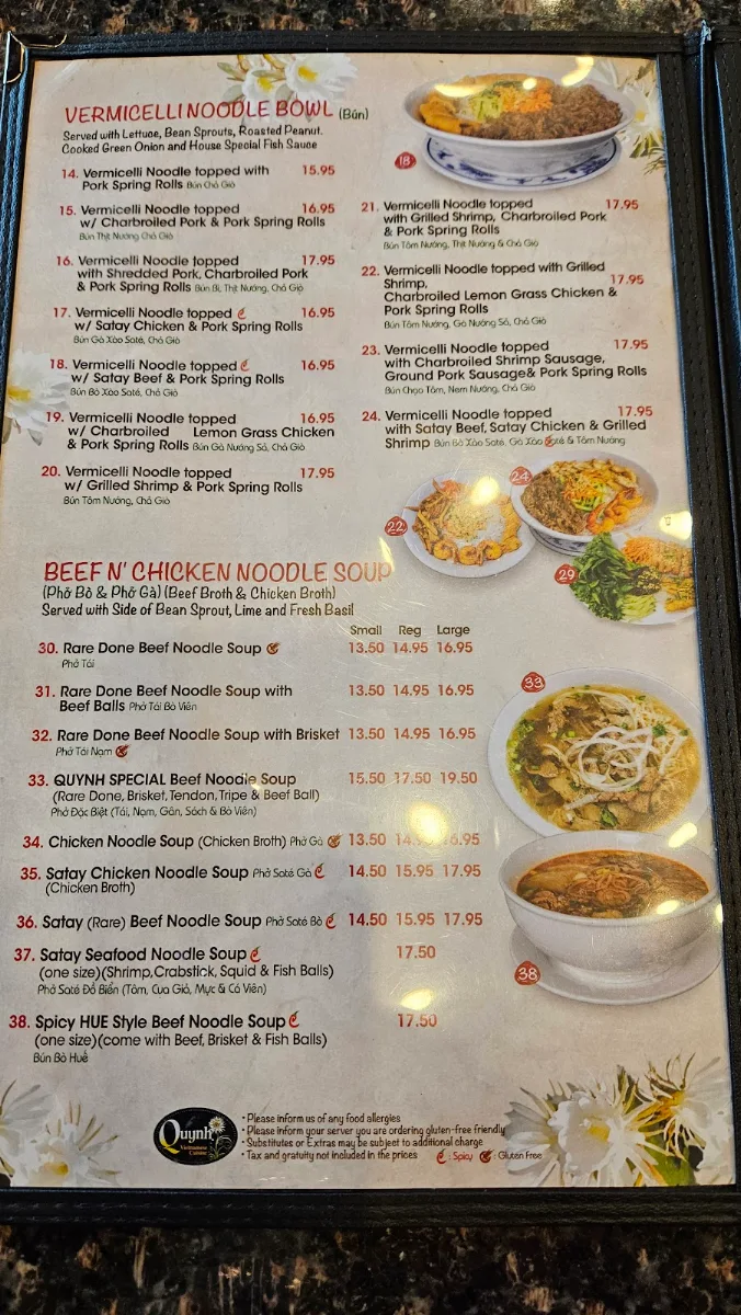 Menu, Quynh Vietnamese Cuisine