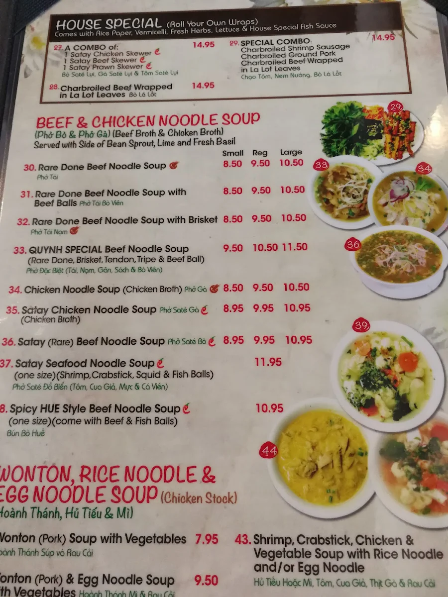 Menu, Quynh Vietnamese Cuisine