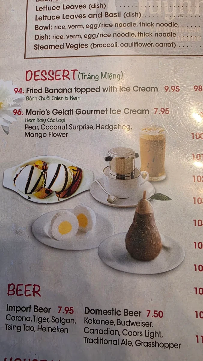 Menu, Quynh Vietnamese Cuisine