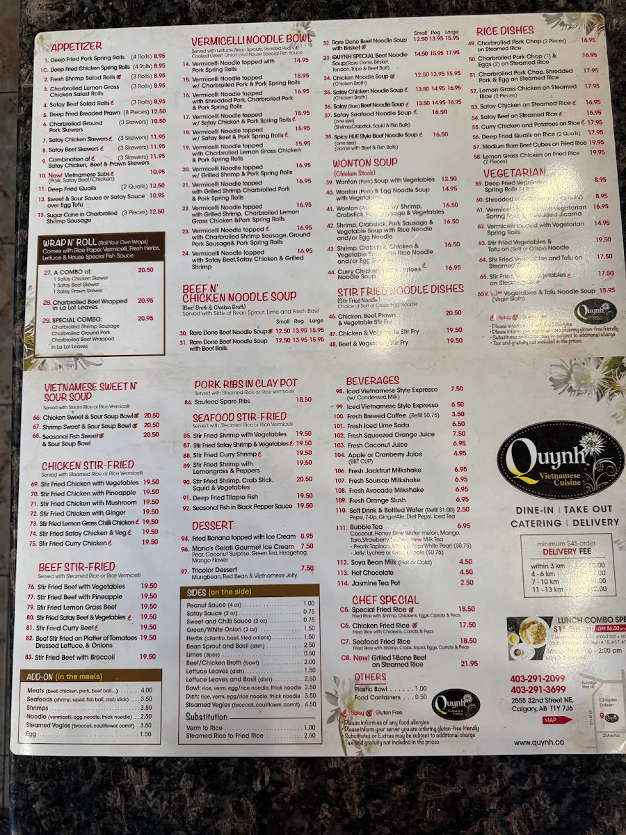 Menu, Quynh Vietnamese Cuisine