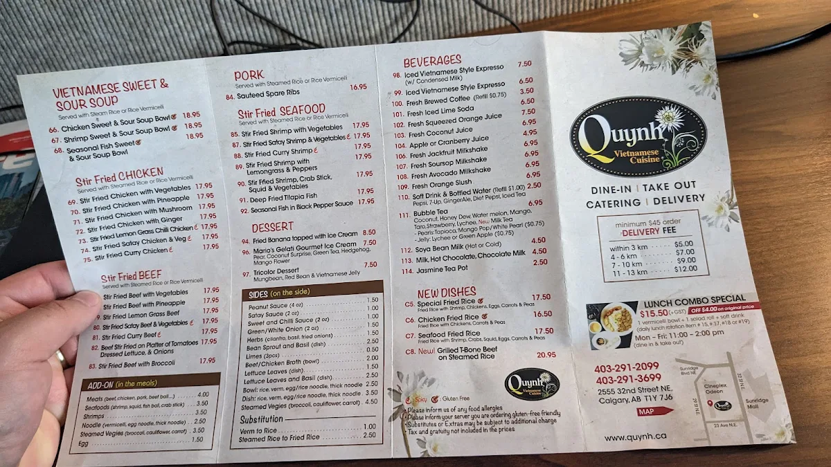 Menu, Quynh Vietnamese Cuisine