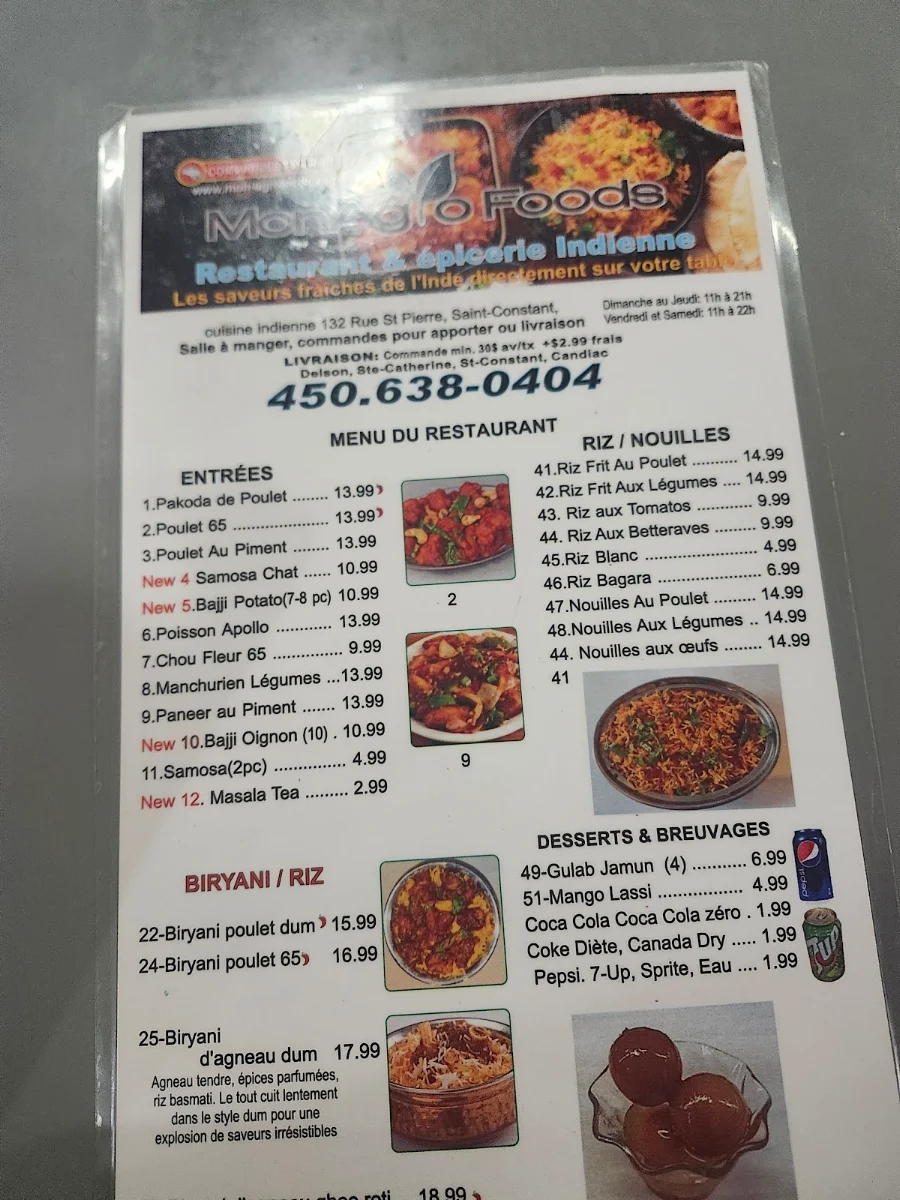 Menu, MonAgrofoods - La Meilleure Cuisine Indienne de la Rive Sud | Plats prêts à manger Indienne