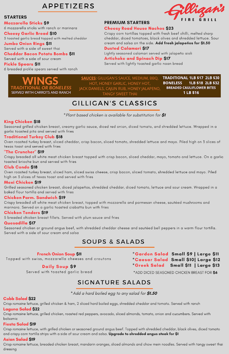 Menu, Gilligan's Fire Grill Amherstburg