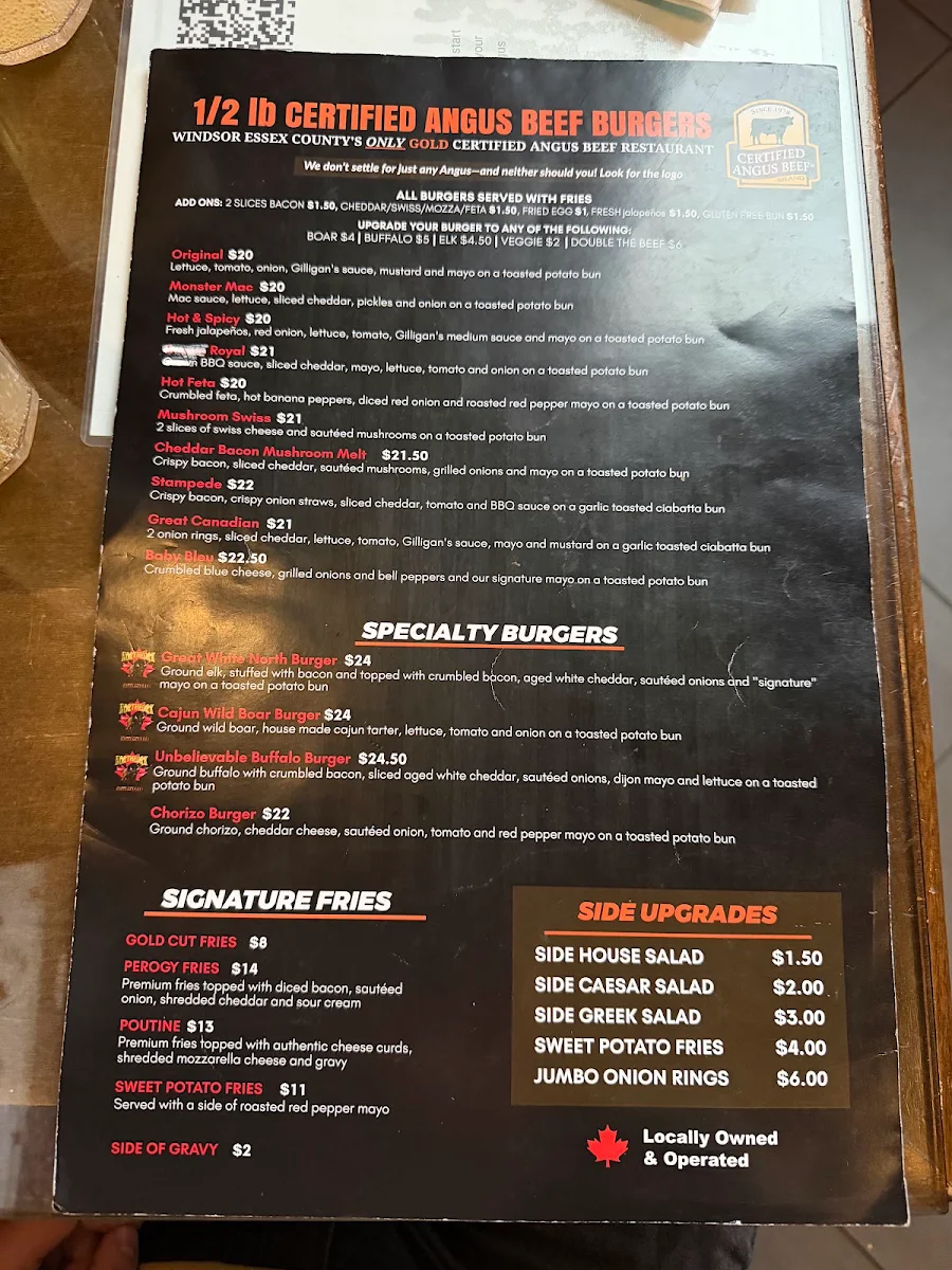 Menu, Gilligan's Fire Grill Amherstburg