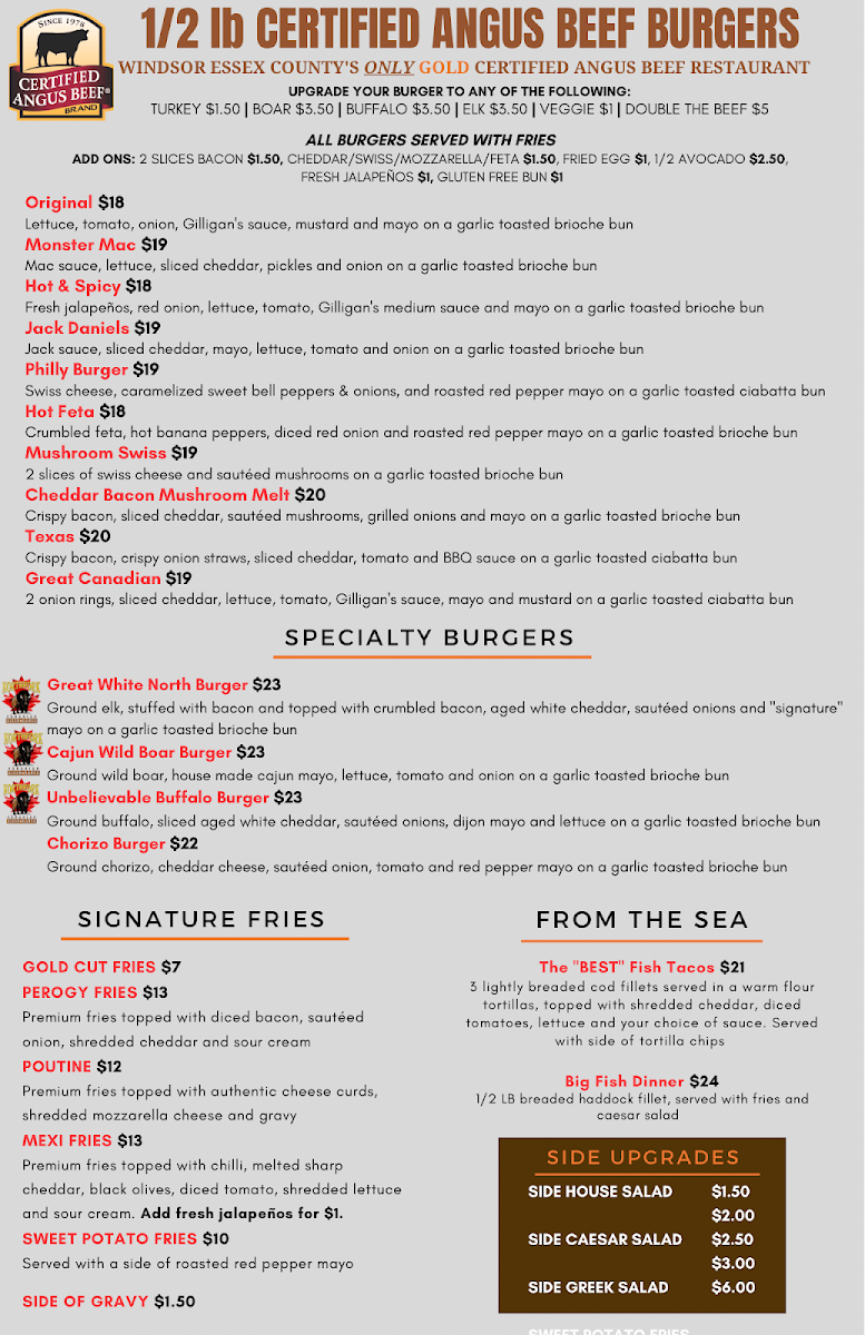 Menu, Gilligan's Fire Grill Amherstburg