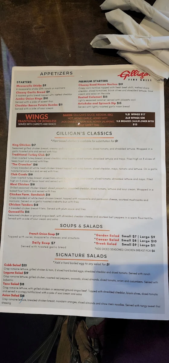 Menu, Gilligan's Fire Grill Amherstburg