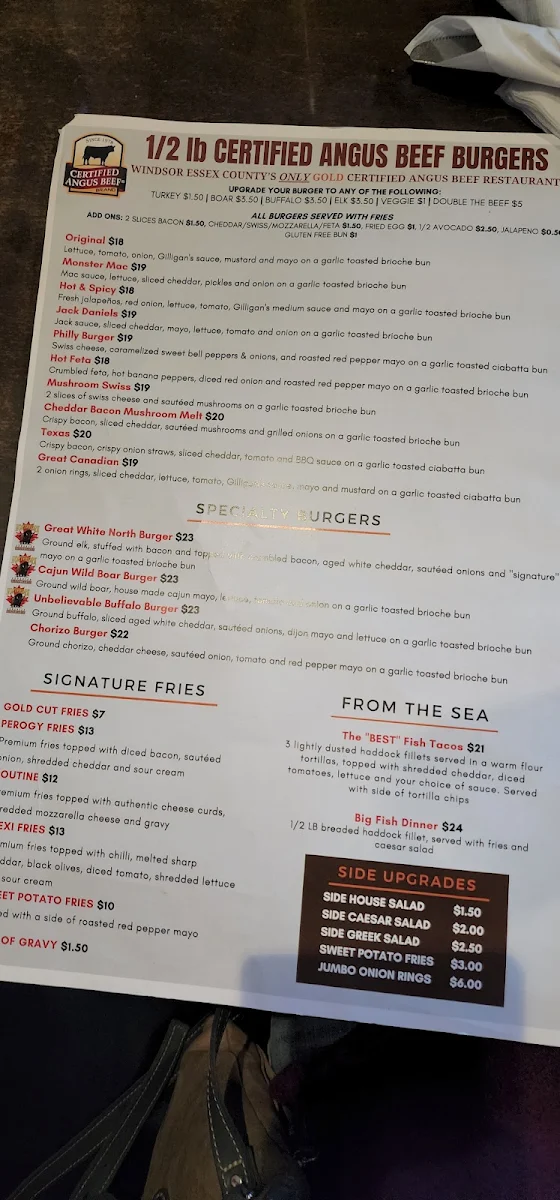 Menu, Gilligan's Fire Grill Amherstburg