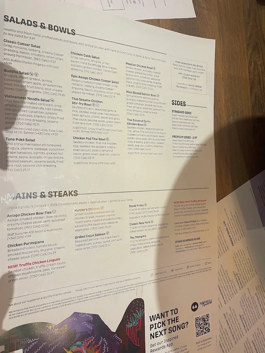 Menu, Jack Astor's Bar & Grill Pickering