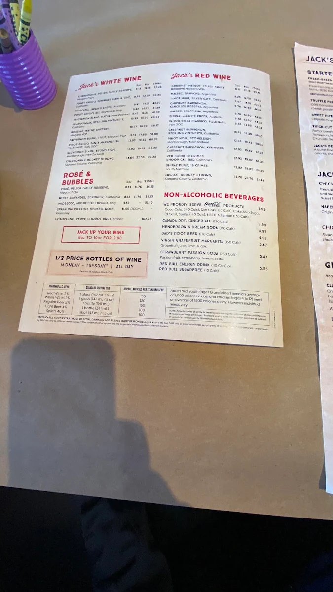 Menu, Jack Astor's Bar & Grill Pickering