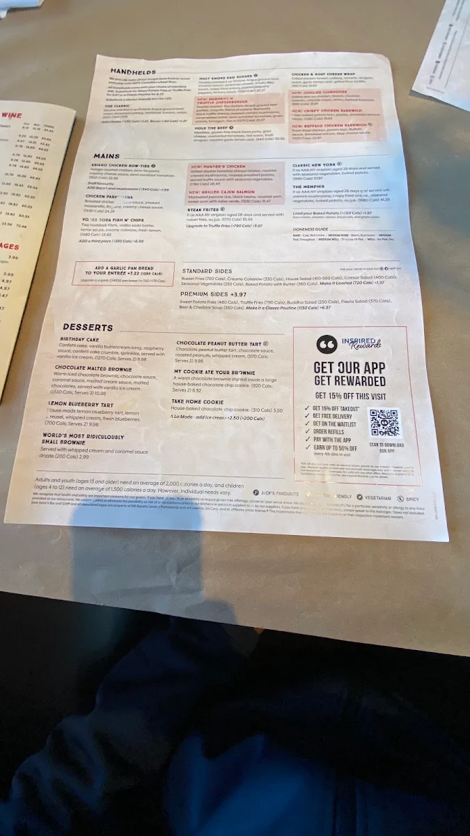 Menu, Jack Astor's Bar & Grill Pickering