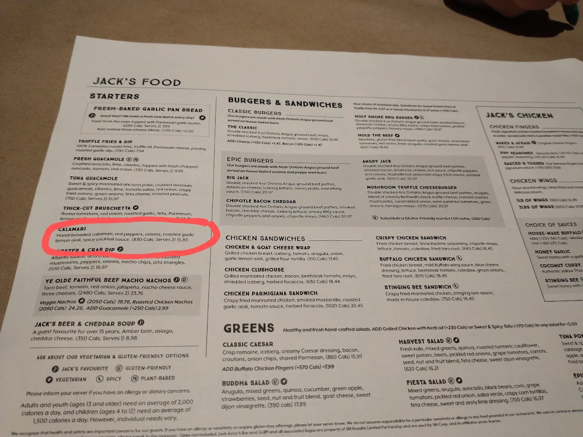 Menu, Jack Astor's Bar & Grill Pickering