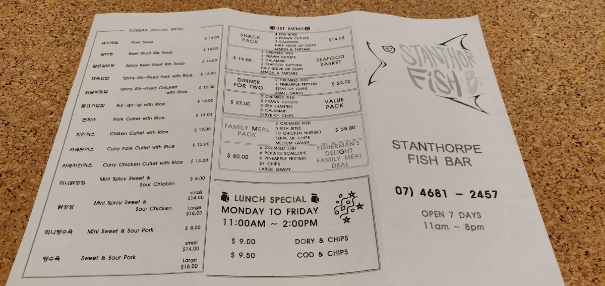 Menu, Stanthorpe Fish Bar & Take Away