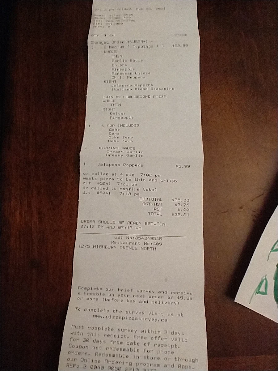 Menu, Pizza Pizza