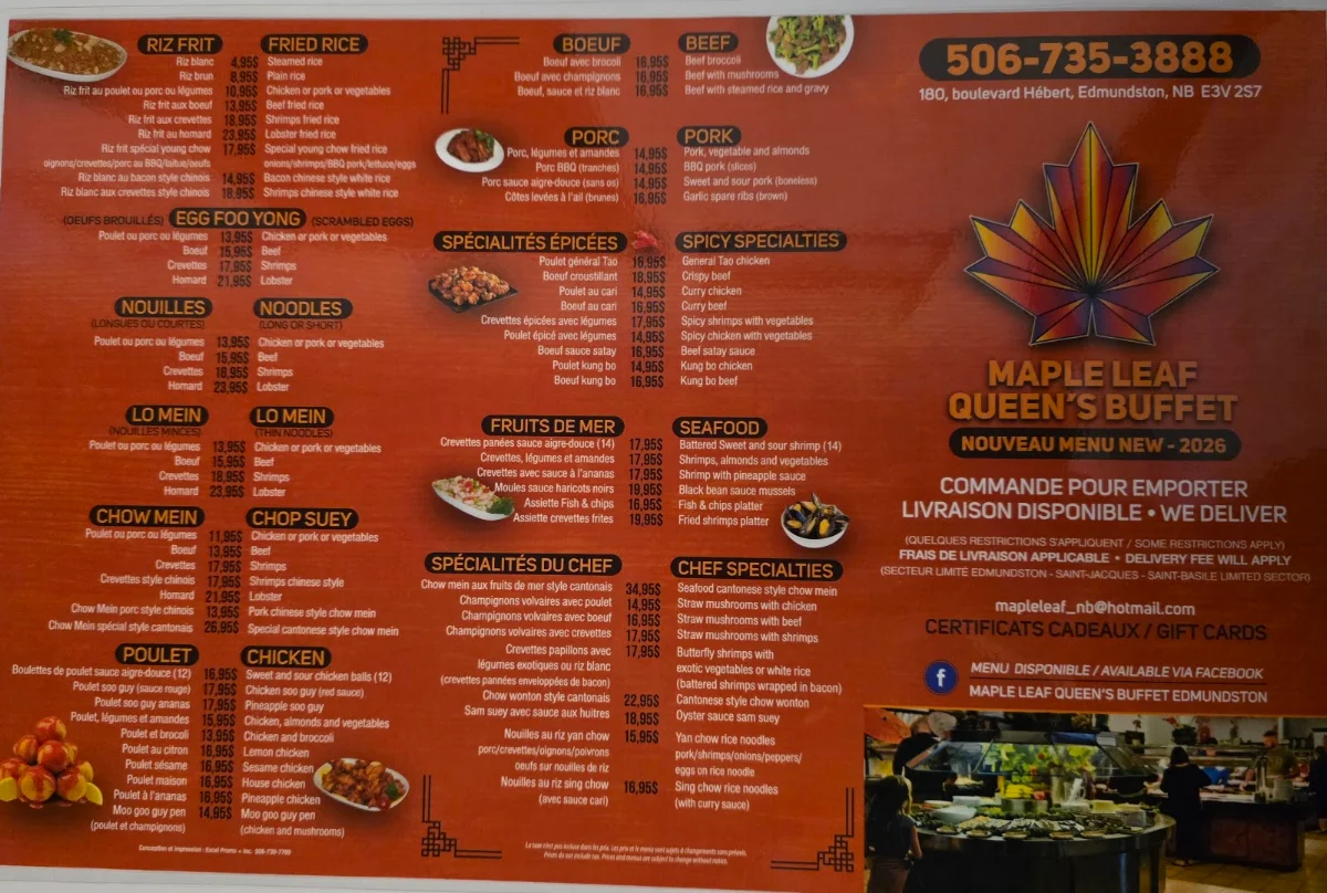 Menu, Maple Leaf Queen's Buffet
