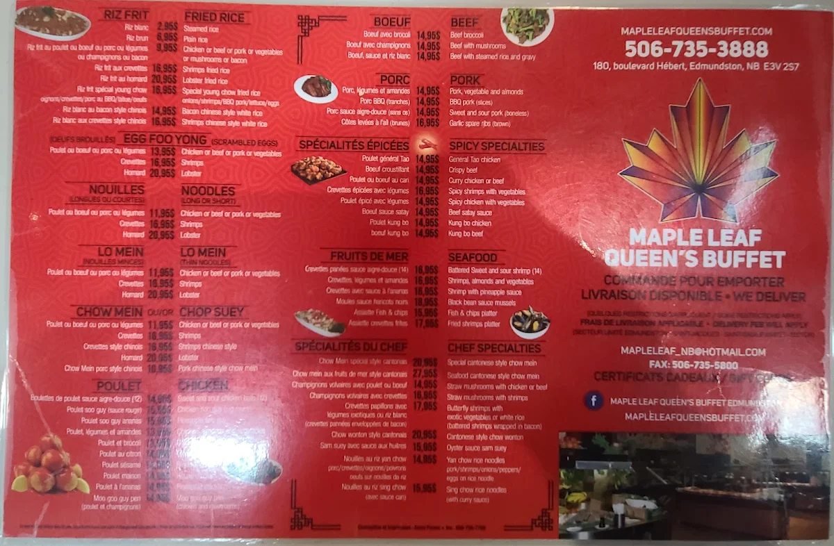Menu, Maple Leaf Queen's Buffet