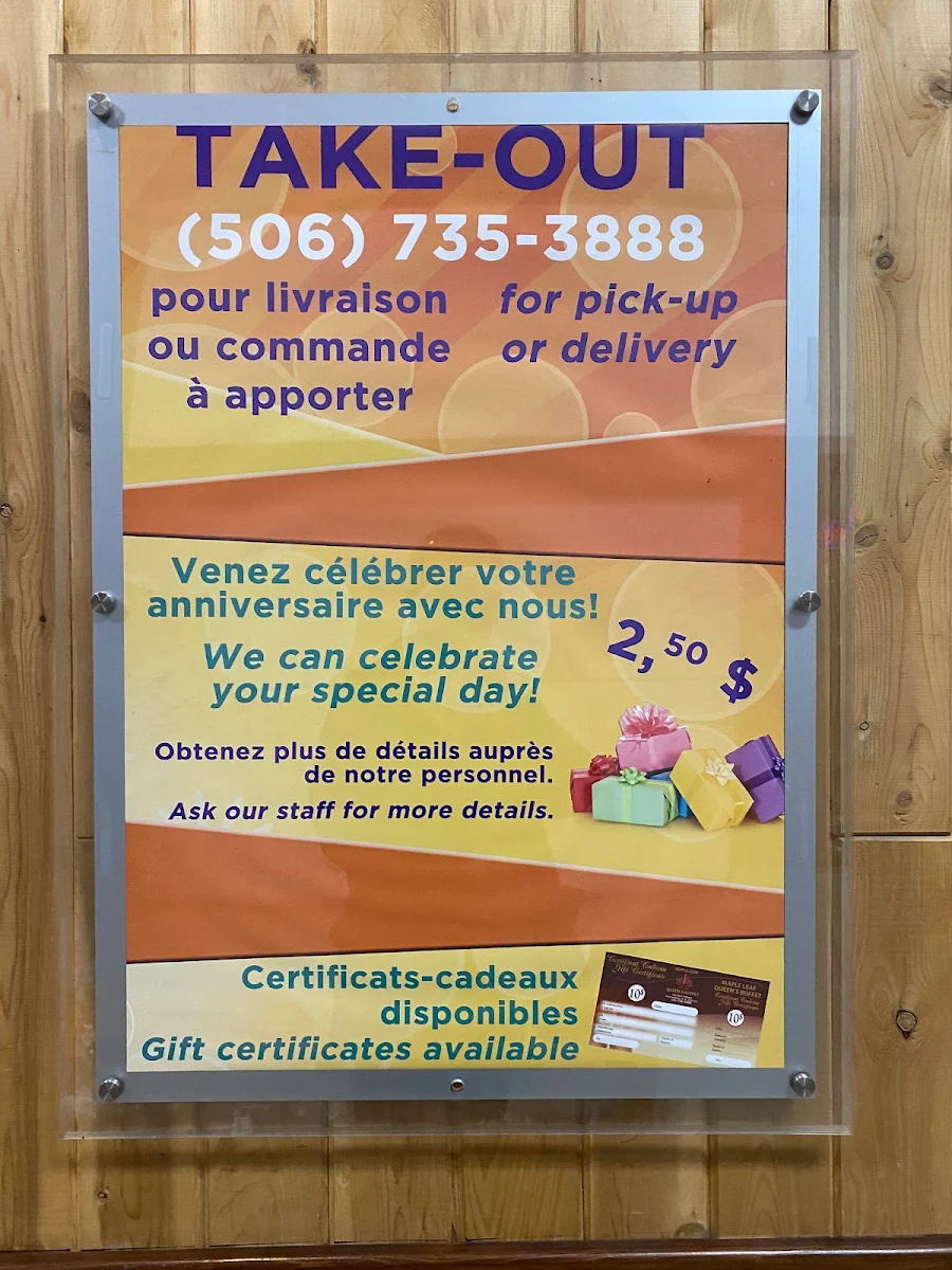 Menu, Maple Leaf Queen's Buffet