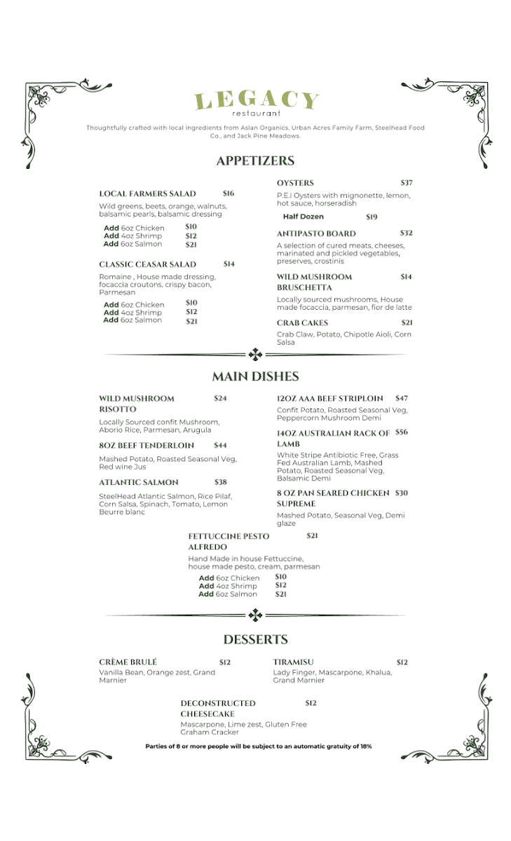 Menu, Legacy Restaurant