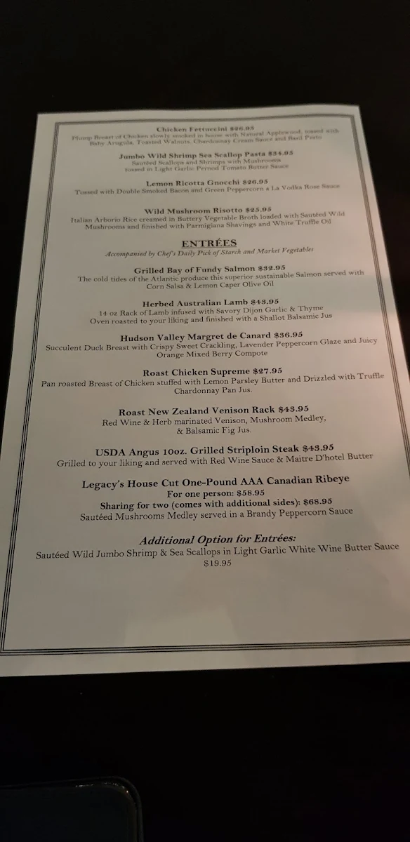 Menu, Legacy Restaurant