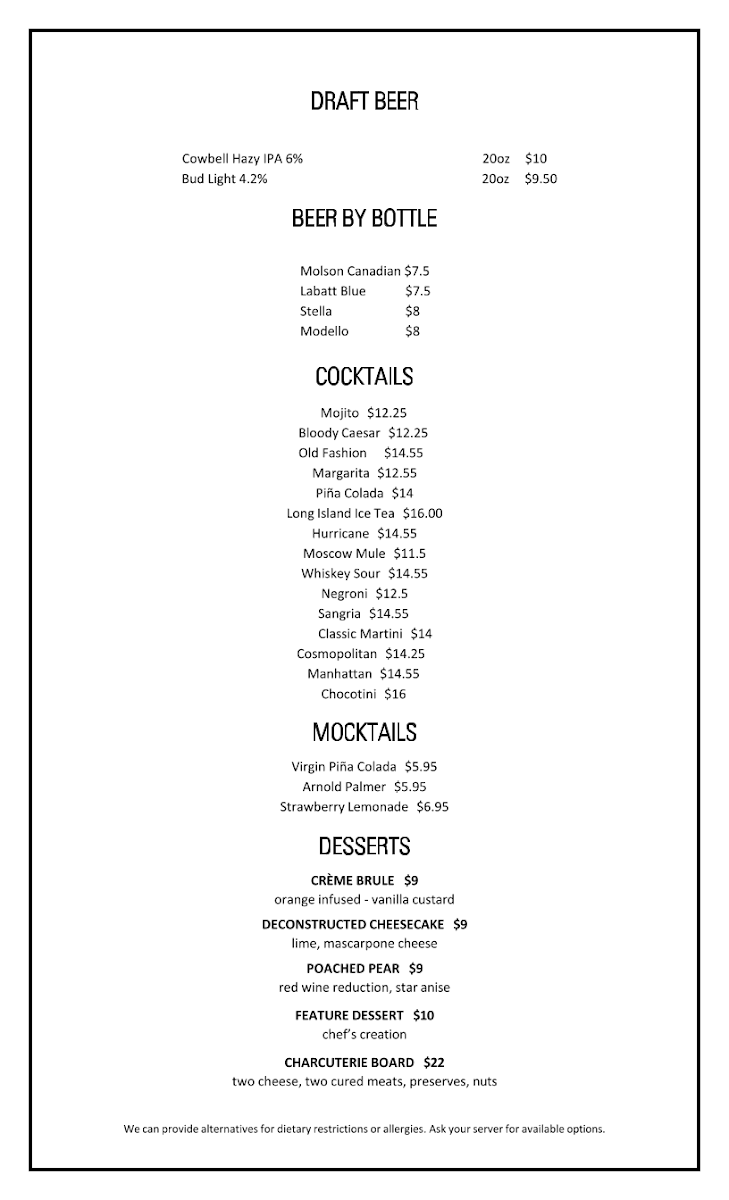 Menu, Legacy Restaurant
